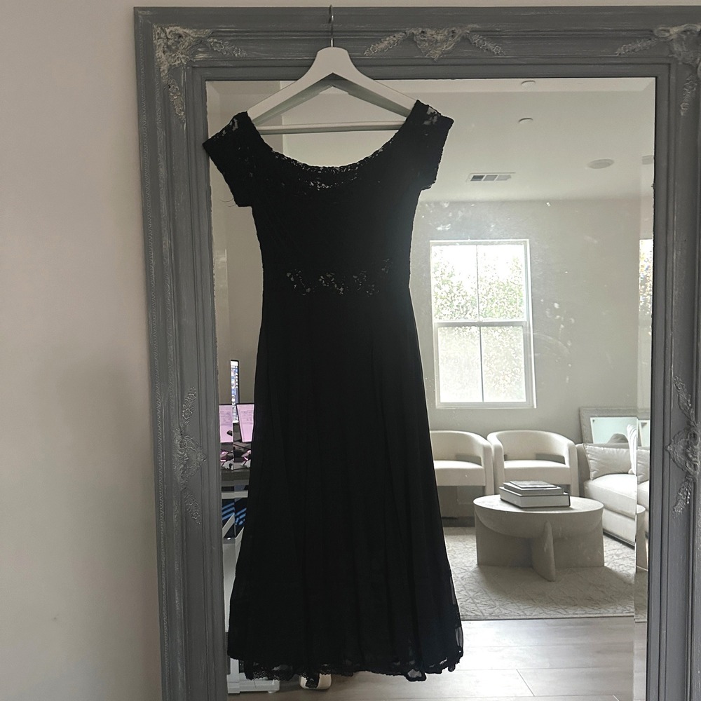 Free People Black Lace Chiffon 90s Off Shoulder Midi Dress Whimsigoth Fairy S - Picture 5 of 10